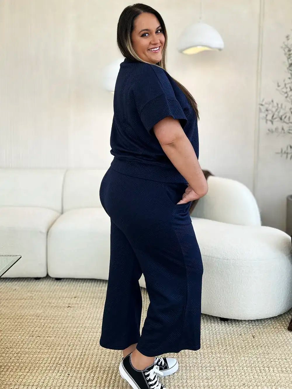 Double Take Full Size Texture Short Sleeve Top and Pants Set - Bela Fils BoutiqueBela Fils Boutique